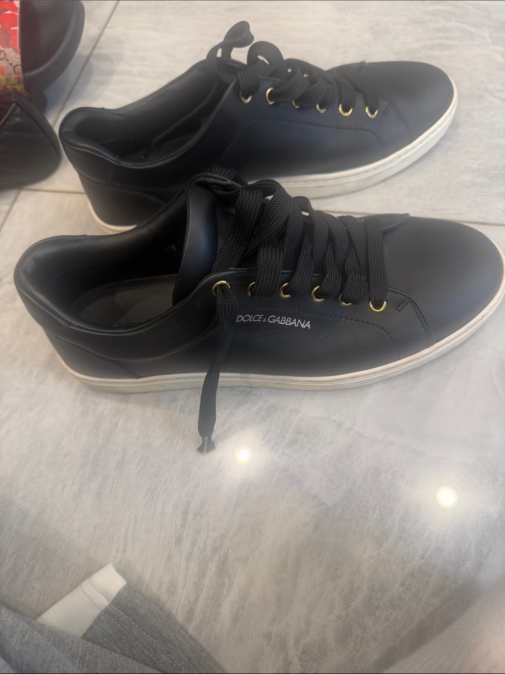 Dolce & Gabbana Black Leather Low-Top Sneakers with Gold Eyelets size 42